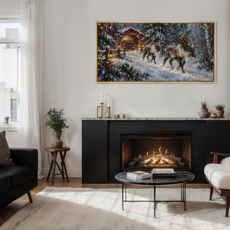 Forêt de Noël enneigée avec des rennes - Grande toile encadrée pour la chambre principale, 30" H x 60" W x 1.5" D, Natural