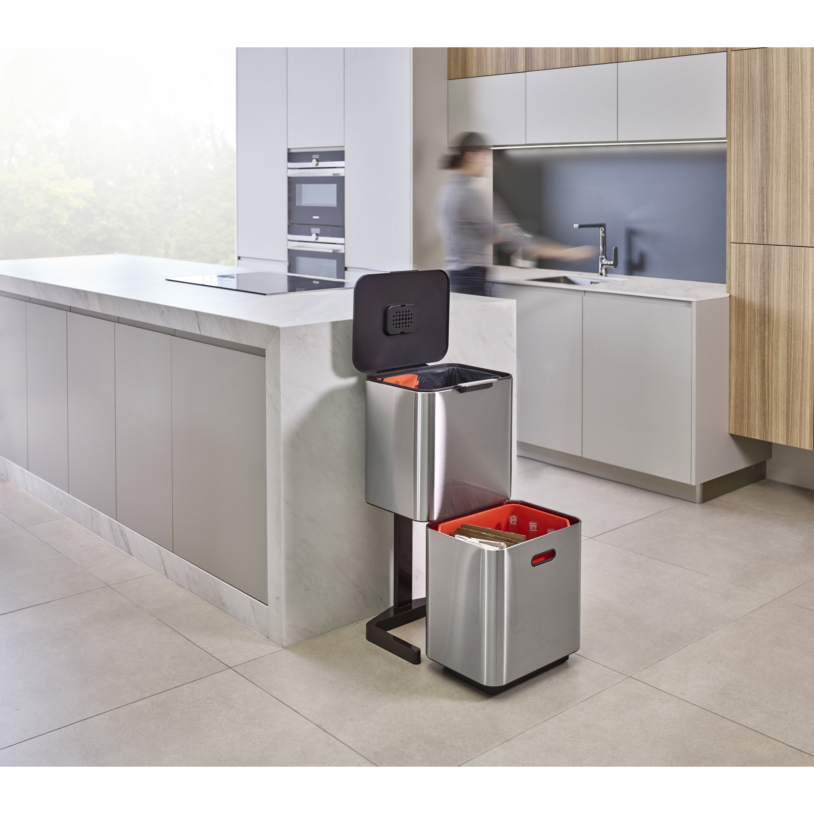 Joseph Joseph Totem Dual Recycling Trash Can, 15.85 US Gallons, Stainless Steel