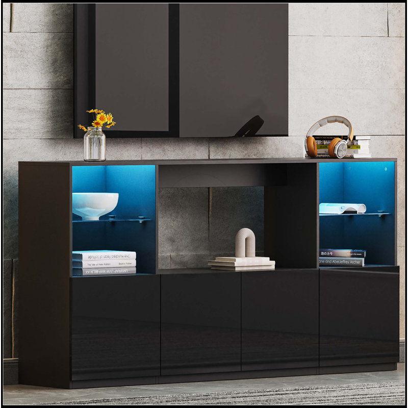 Meuble télé ultrabrillant avec lumières DEL, Noir, noir, noir, noir