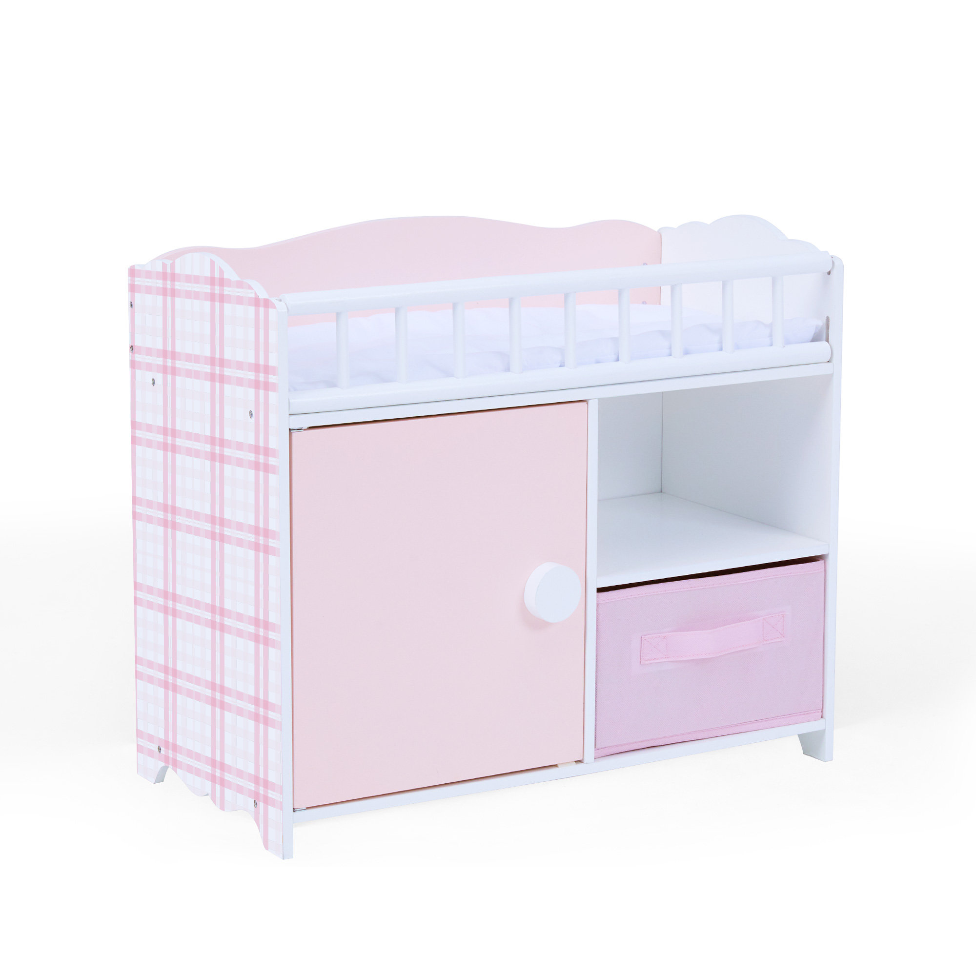 Badger Basket Toy Doll Bed with Storage Cabinet, Gingham Bedding, and  Personalization Kit for 22 inch Dolls - White/Pink