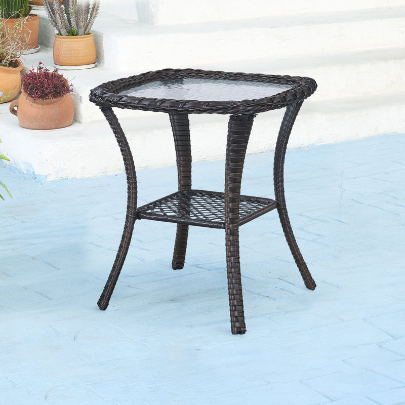 Table d'appoint en rotin avec plateau en verre Schutt, Brun