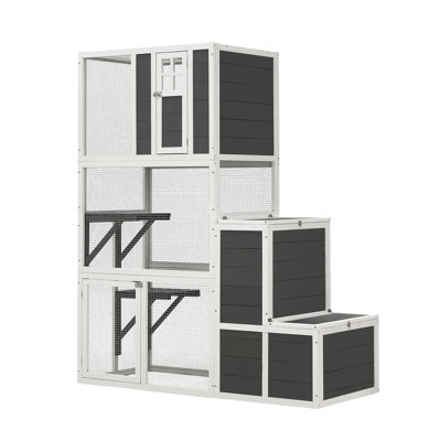 Maison de chat en bois à 3 niveaux pour l'extérieur et l'intérieur convenant à 1 ou 3 chats avec une cage de repos pour chat, 4 plateformes et 2 portes