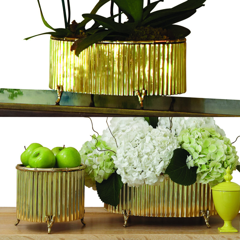 Corrugated Bamboo Cachepot, 7.5" H x 8.5" W x 8.5" D, Brass
