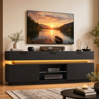 Meuble télé pour téléviseurs de 85 pouces, centre multimédia avec prises électriques et éclairage DEL, console télé avec placards, tiroirs et étagères ouvertes, meuble télé moderne pour salon