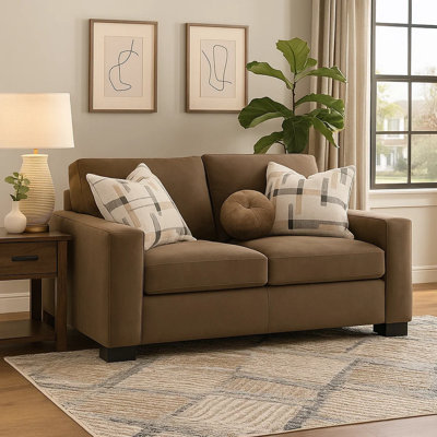 Lenu Modern Loveseat W 3 Accent Pillows, Brown Suede Fabric, 69 Inch