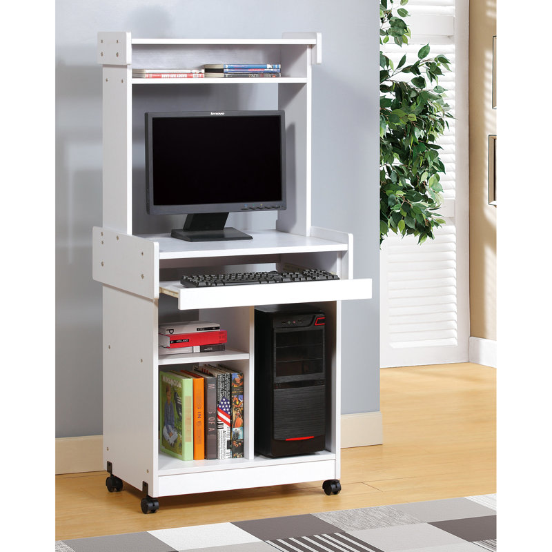 Chariot d'ordinateur pour micro-ondes avec station blanche, finition blanche, avec roulettes verrouillables et tablette coulissante blanche