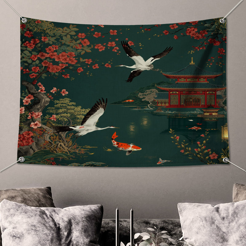Tapisserie murale scène de temple japonais - décoration murale grues, H 50 po x l 60 po avec 4 œillets