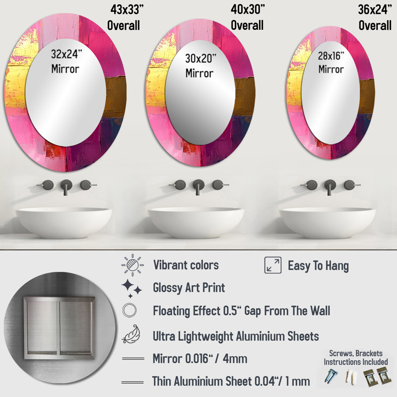 Miroir mural ovale rose et noir Blakc And Pink, 43 po x 33 po