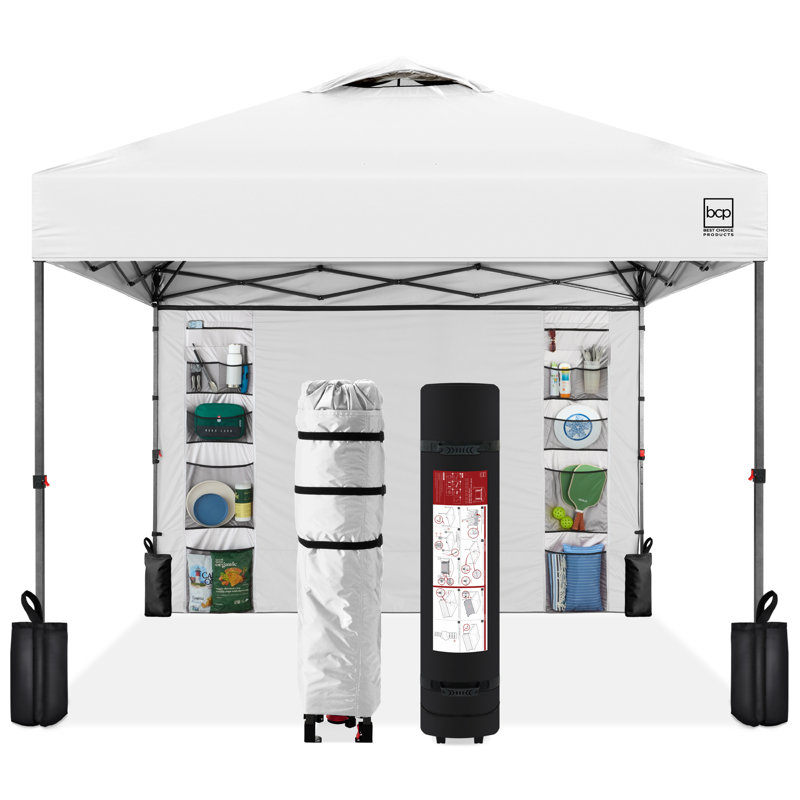 10X10ft Easy Setup Pop Up Canopy, Portable Tent W/ Side Wall, 1-Button Push, Case, White