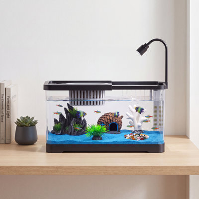 3 Gallon Aquarium Starter Kit with LED Light and Filter, Desktop Fish Tank with Decorative Rockery for Betta, Goldfish or Shrimp