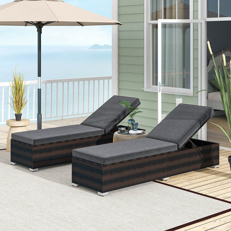 2 Pcs Chaise Lounge With 4-level Backrest Heavy-duty Metal Frame Seat Cushion Grey