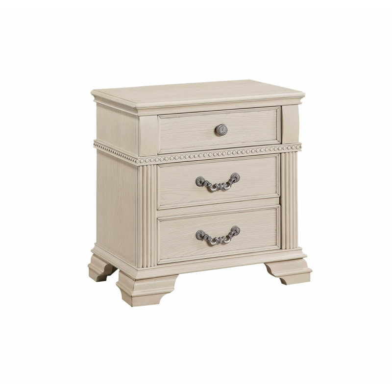 Antique White Solid Wood 26'' W 3-Drawer Martingale with Metal Nickel Round Knob & Hanging Pulls