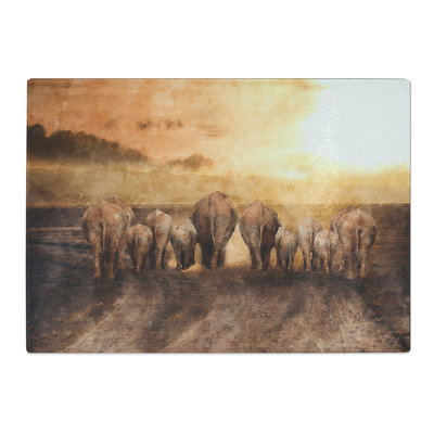 Tempered Glass Herd of Elephants on a Dusty Road Chopping Board