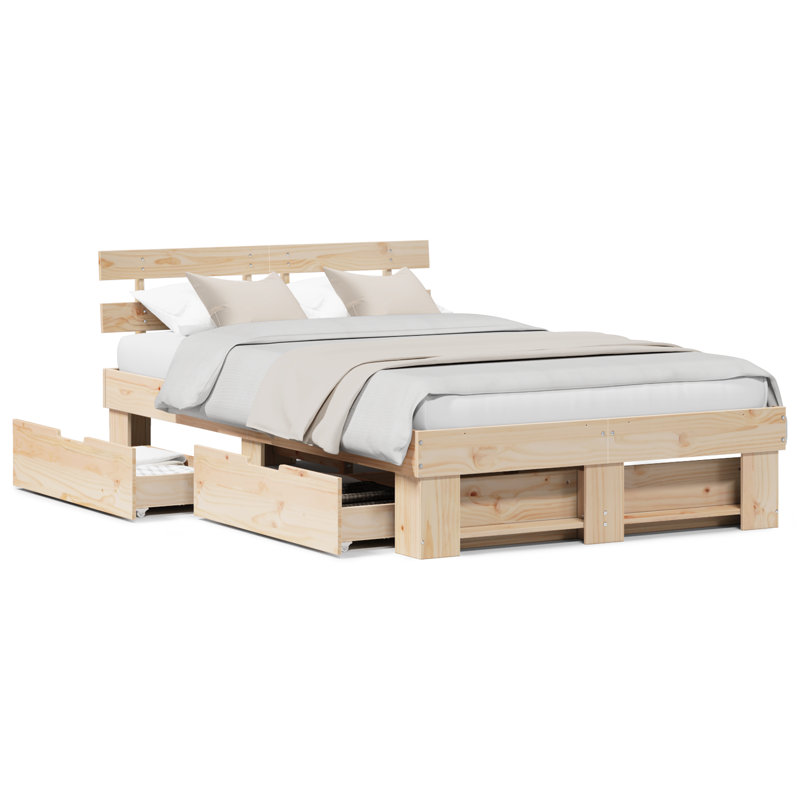 Bed Frame with Headboard Solid Pine Wood, Natural, 130cm x 190cm