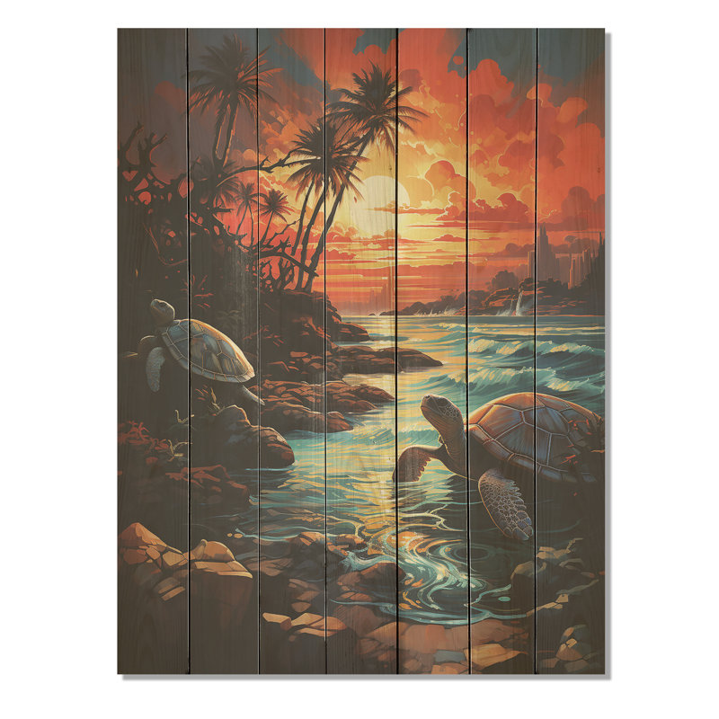 Dreamy Tropical Sunset Turtle Beach II - Tortue sur bois, H 44 po x l 34 po