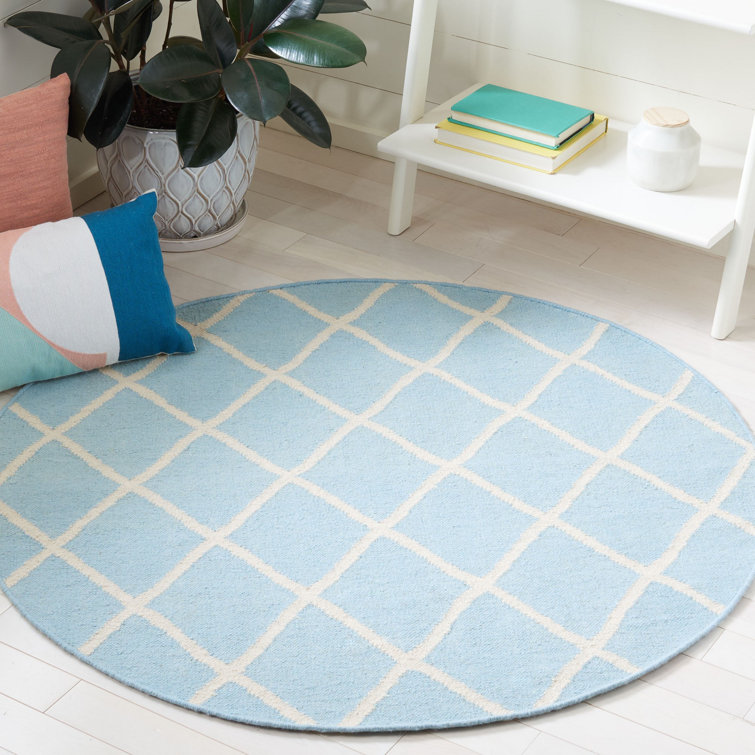 Rodgers Hand Woven Flat Weave Wool/Cotton Geometric Rug in Light Blue/Ivory