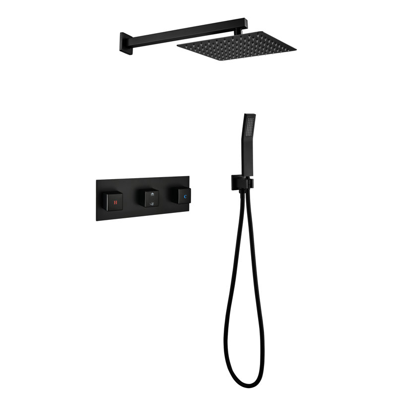 Brass Matte Black Shower Unit - 10 Inch Rainfall Head With Handheld , Bathroom Luxury Rain Mixer , Self-Cleaning Nozzle, Wall Mounted Assembly