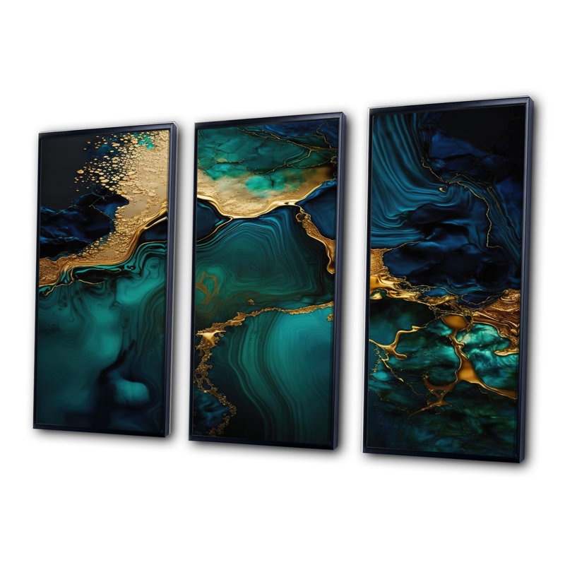 Géode abstraite, marbre vert et or - reproduction sur toile 3 pièces, H 28 po x l 36 po x P 1 po, Cadre flottant noir