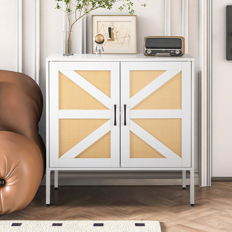 Buffet Sideboard with Handmade Natural Rattan Doors, White