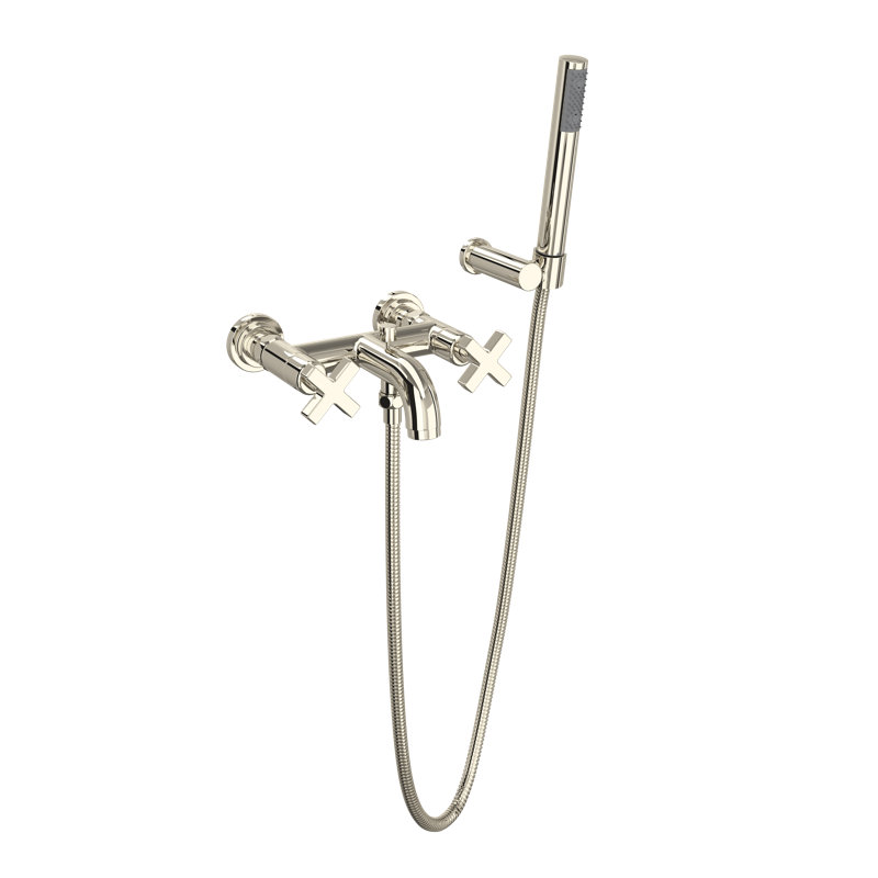 Lombardia Exposed Wall Mount Tub Filler, Polished Nickel, Cross Handle