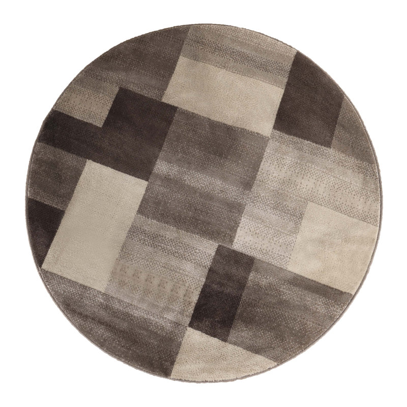 Tapis intérieur beige en polypropylène à blocs de couleur Benne avec envers en jute, Rond 8 pi