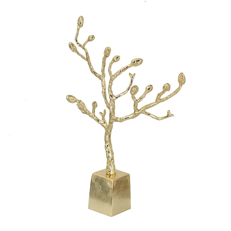 13.5X4.3X19.5" Decorative Cast Aluminum Tree Sculpture With Gold Finish