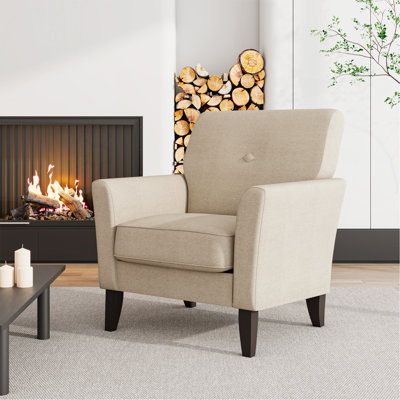 Fauteuil d'appoint en velours fauve avec pieds en bois massif brun foncé