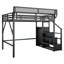 Grand lit mezzanine avec escalier, grand lit mezzanine en métal avec tablettes de rangement, lit mezzanine haut avec garde-robe pour enfants, adolescents, adultes, noir