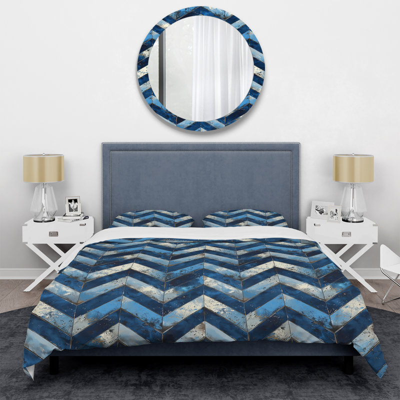 Ensemble de housse de couette moderne à chevrons bleu et blanc I, Housse de couette très grand et 2 très grandes t