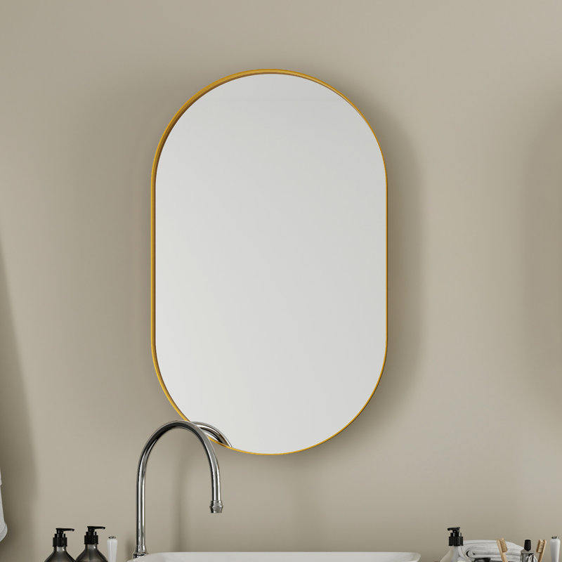Étagère de salle de bain encastrée ovale 20 po x 34 po avec miroir et tablettes réglables, étagères à pharmacie encadrées en métal doré