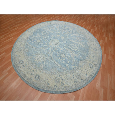 Tapis bleu fauve 10 pi x 10 pi, motif faucille, noué à la main, fini court et antique, velours zéro, teinture végétale, pure laine, tapis oriental rond