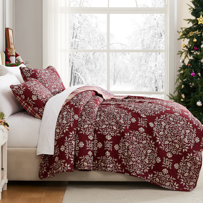 Christmas Carol Oversized Reversible Holiday Bedding lightweight Quilt Set with shams, Twin Quilt + 1 Standard Sham