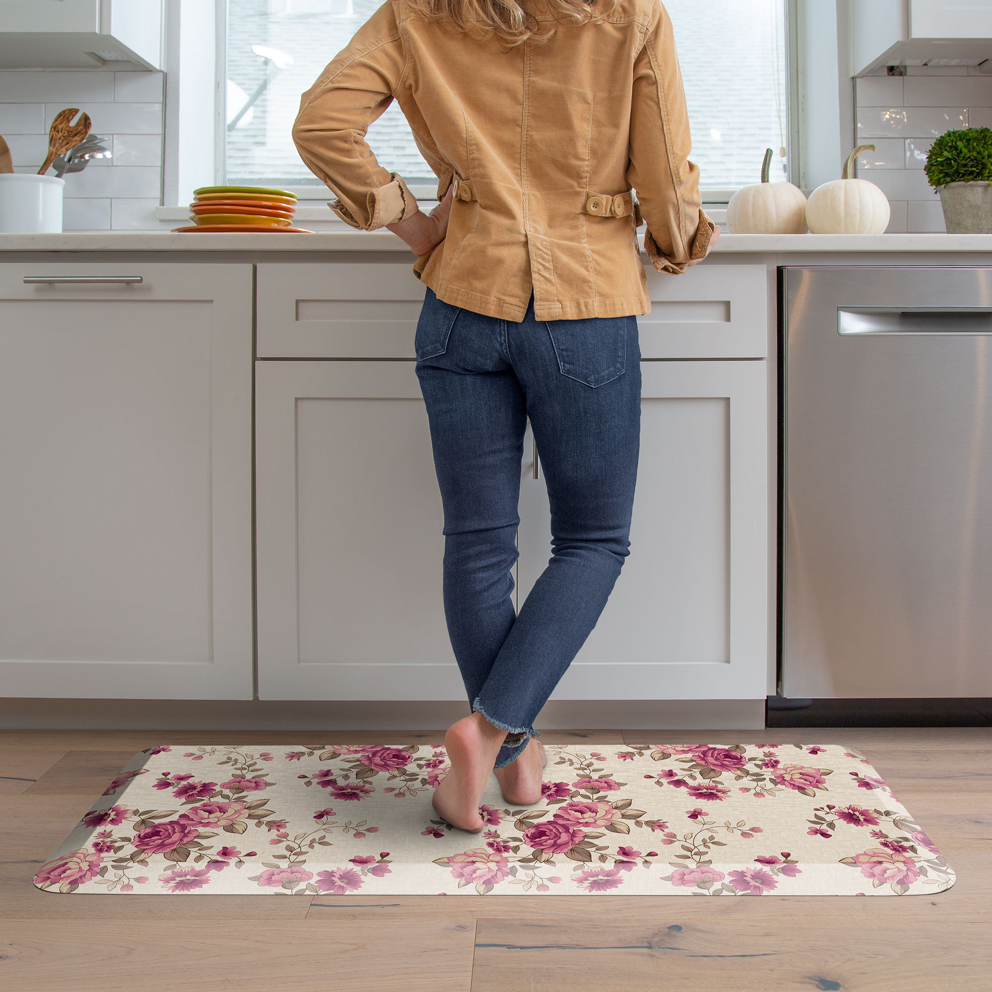 Anti-Fatigue Kitchen Comfort Mat, English Garden Rose Pattern In Linen, Runner 1'8" x 4', Heirloom Rose