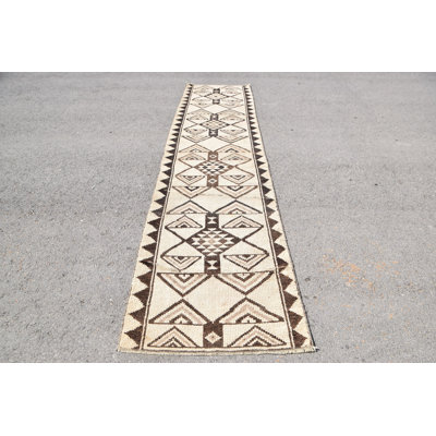 Handmade Vintage Turkish Herki Runner Rug in Beige for Home and Stair Decor