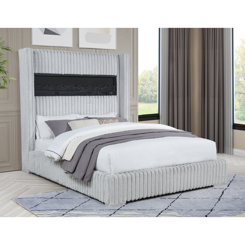Upholstered Deluxe Fireplace High Headboard Bed, King, Gray
