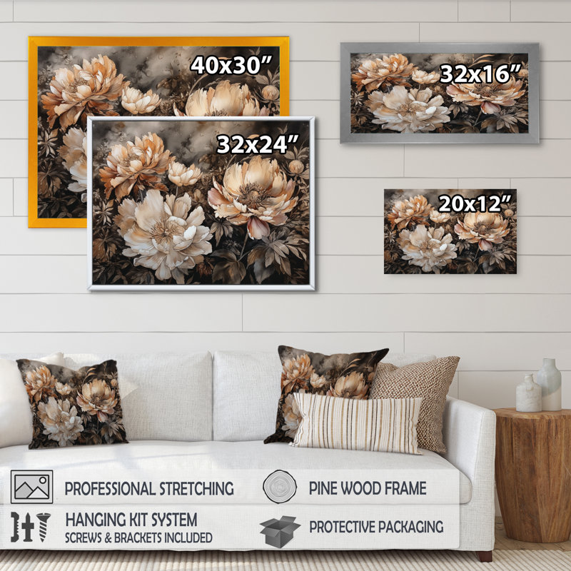 Reproduction sur toile encadrée de pivoines crème et brunes - pivoines, H 12 po x l 20 po x P 1 po, Cadre flottant doré