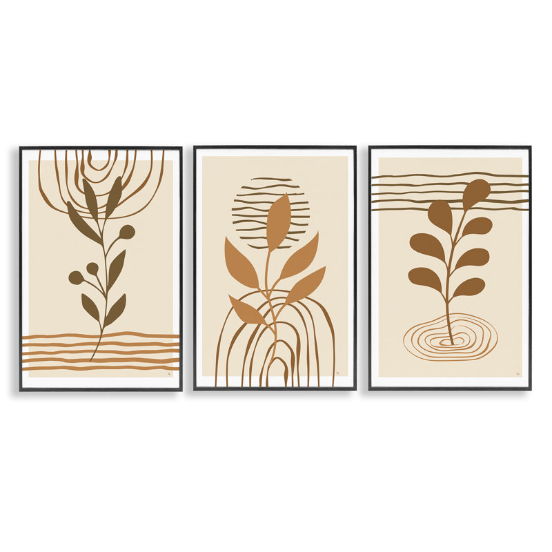  Boho Sprigs & Line Patterns 3 PC, estampe numérique par Martina Pavlova, H 18 po x l 12 po, Giclée encadrée noir minuit