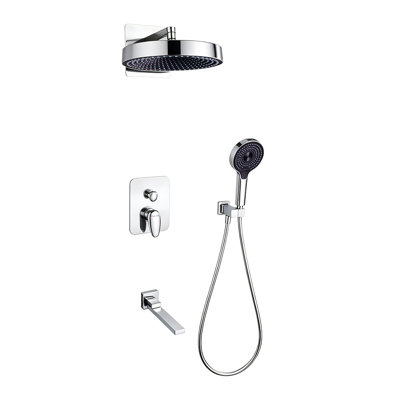 Ensemble de douche encastré 0Ontz avec finition chromée polie, robinet mélangeur à contrôle chaud / froid à deux poignées, douche à main 4 modes avec surpression + grande douche à jet de pluie et bec de baignoire rotatif avec valve brute en laiton massif incluse