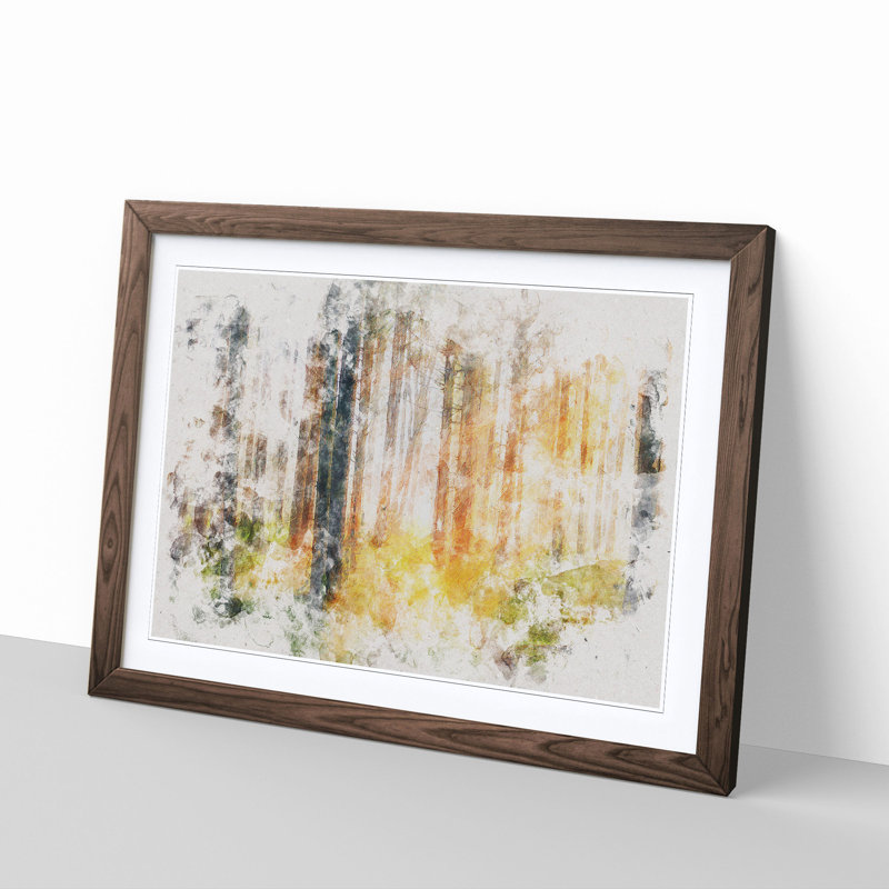 Rays of Light Through an Autumn Forest Watercolour - Picture Frame Graphic Art Print, 62cm H x 87cm W x 2cm D, Walnut Framed
