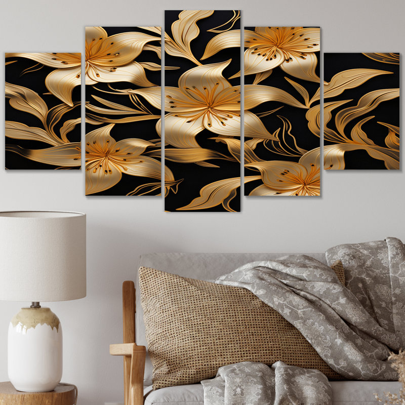 Golden Lily Flower Glam On Black VII - reproduction d'art sur toile Lily - 5 panneaux