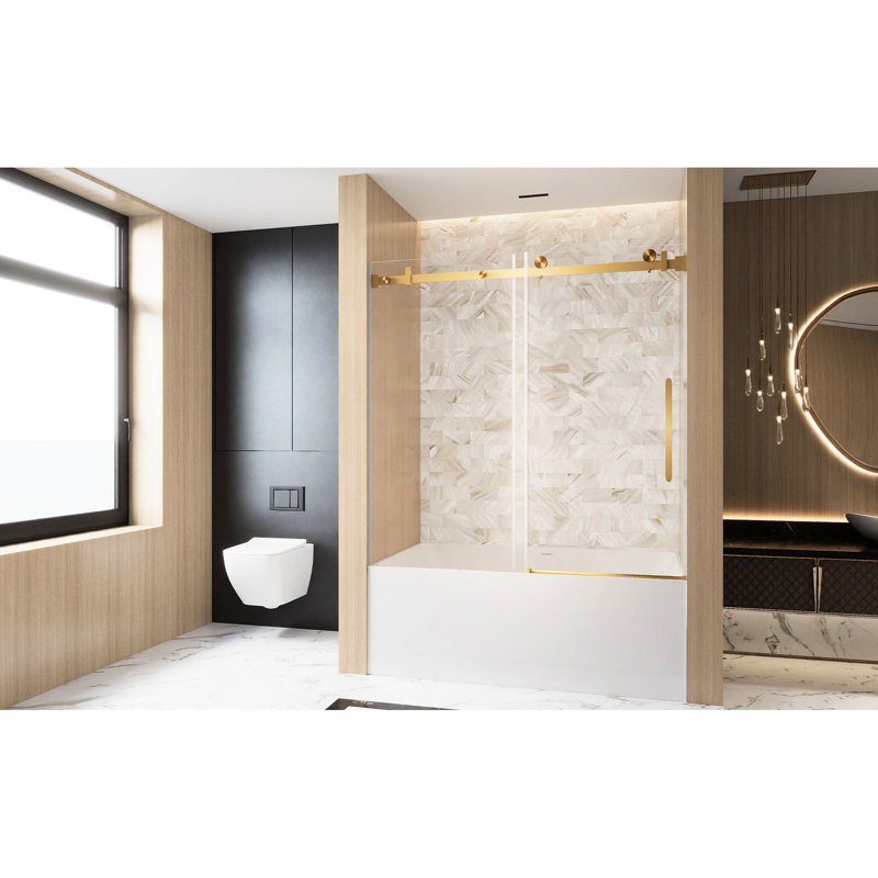 56 - 60"W X 60"H Single Sliding Shower Door, 1/4" 6 Mm  Clear Tempered Glass, Proof Film, Stainless Steel Handle, Square Tube Track, Brushed Gold, American Design, Easy Cleaning Door With Gold