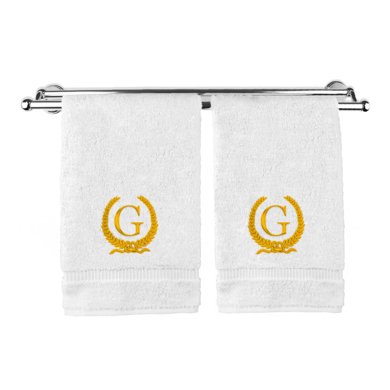 Essuie-mains monogramme - ensemble de 2 - lettre de conception de couronne, G, Blanc / Doré
