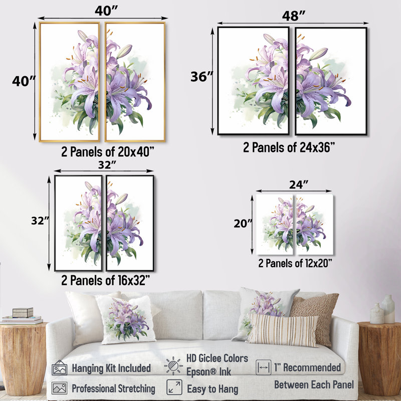 Mauve et vert lys symphonie I - art mural traditionnel blanc 2 panneaux, H 36 po x l 48 po, Argent argent