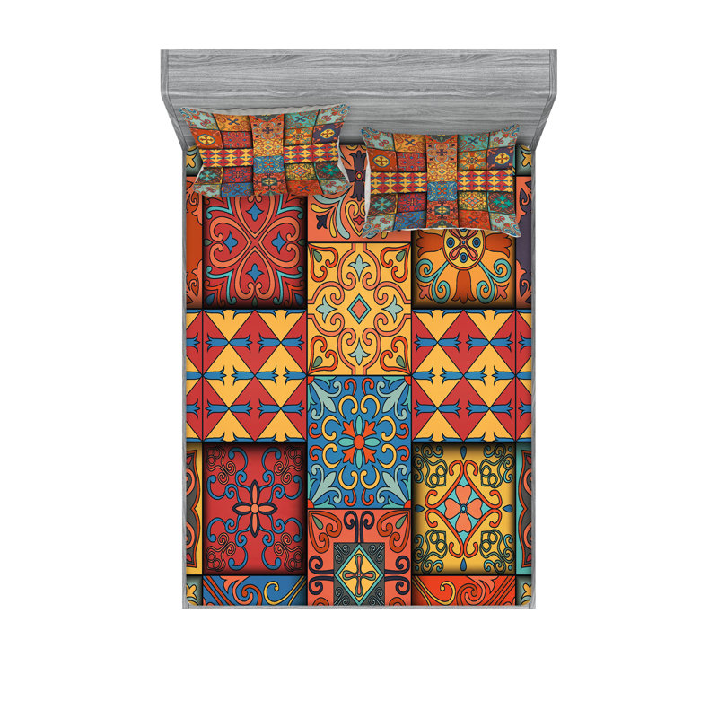 Multicolore drap-housse et coussin décoratif Ambesonne Talavera, Ensemble de draps pour très grand lit + 5 pièces