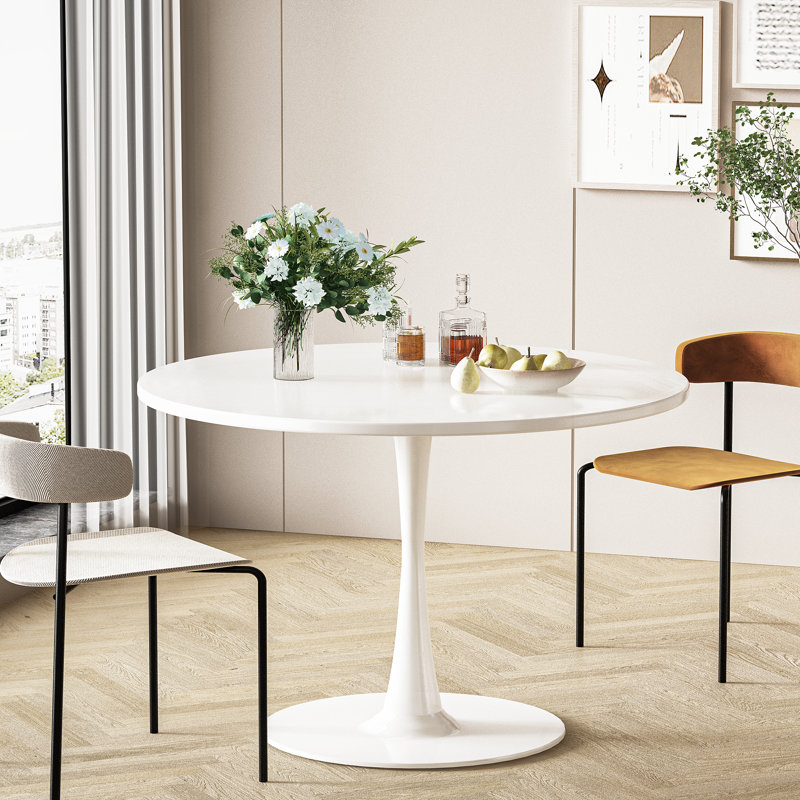 Indars Round Metal Base Dining Table, White, 42.1" W x 42.1" L
