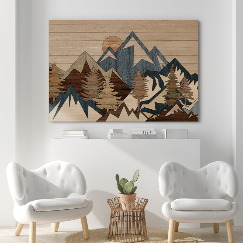 «Rustic Mountain Peaks with Pine Forest and Warm Sun», reproduction d'art sur toile encadrée très grande, Toile tendue