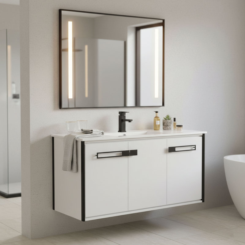 48'' Single Bathroom Vanity with Vitreous China Top, Matte Black, White Matte