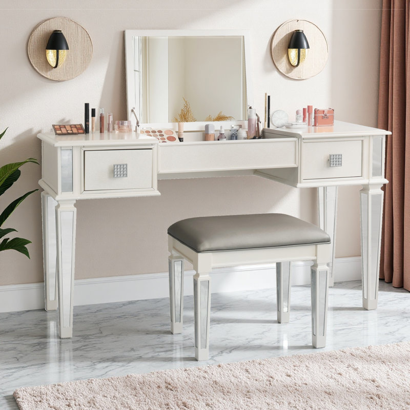 Ensemble de coiffeuse en miroir avec miroir rabattable et tabouret | Coiffeuse, 2 tiroirs et rangement caché | Chambre à coucher, appartement, bureau à domicile