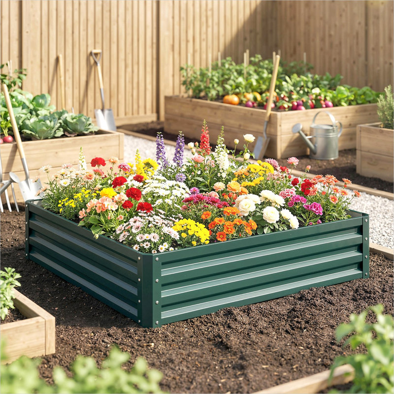 Jardin surélevé carré en acier galvanisé vert doux, pot de fleurs à fond ouvert pour légumes et fleurs
