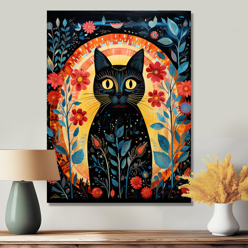 «Black Boho Flower Cat - Cat», reproduction d'art murale, Métal métal, H 40 po x l 30 po x P 1,5 po